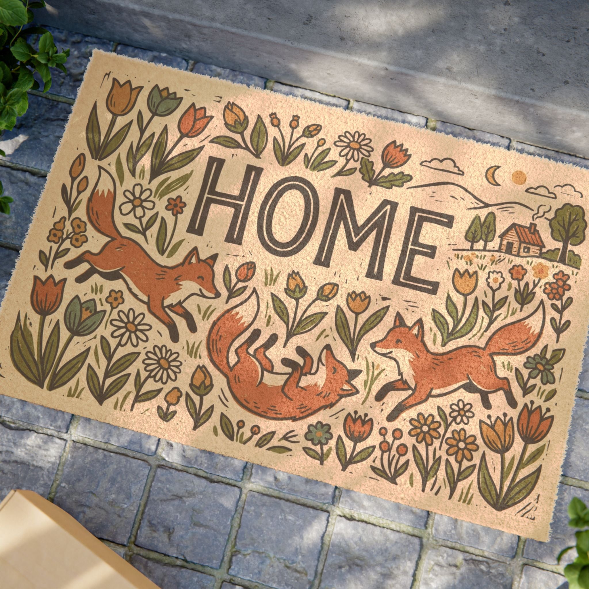 Cozy Linocut Spring Foxes Home Welcome Art