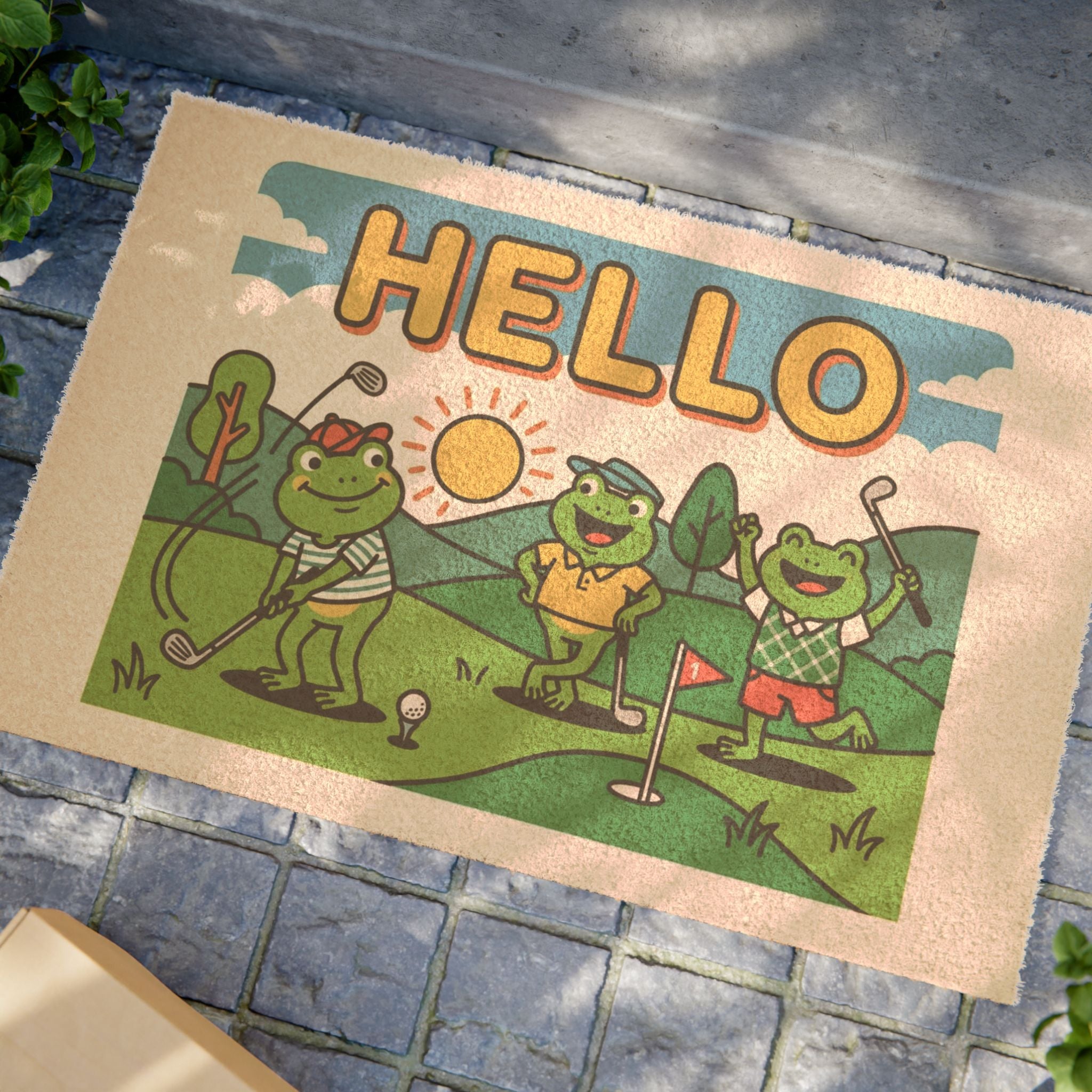 Bold Pop Art Hello Golfing Frogs Doormat