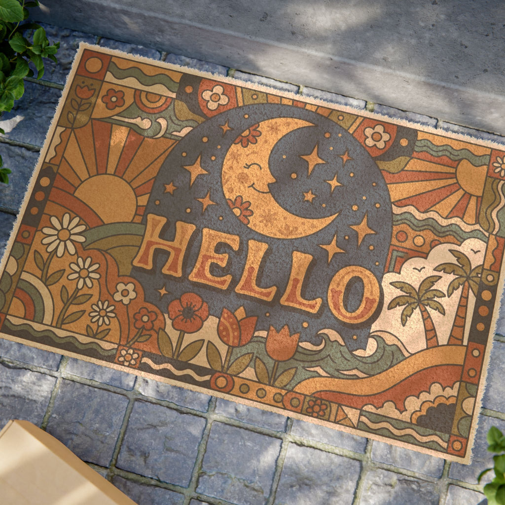 Groovy Retro Golden Moon Hello Doormat