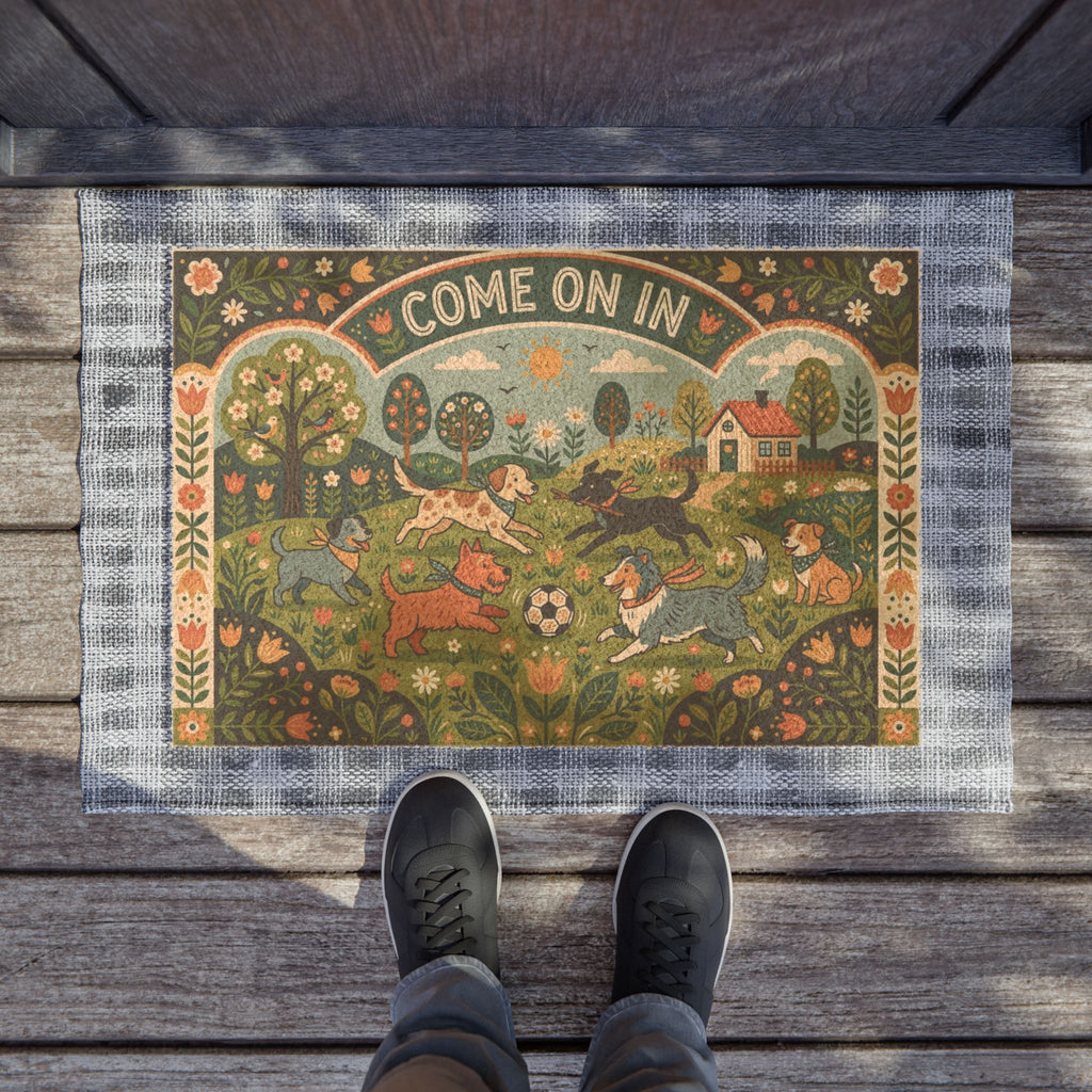 Scandi Folk Art Happy Pups Spring Welcome Doormat