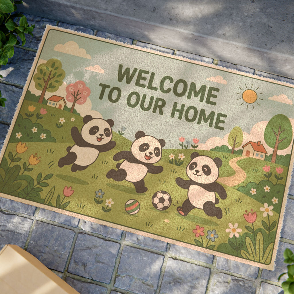 Playful Pandas Spring Soccer Welcome Mat