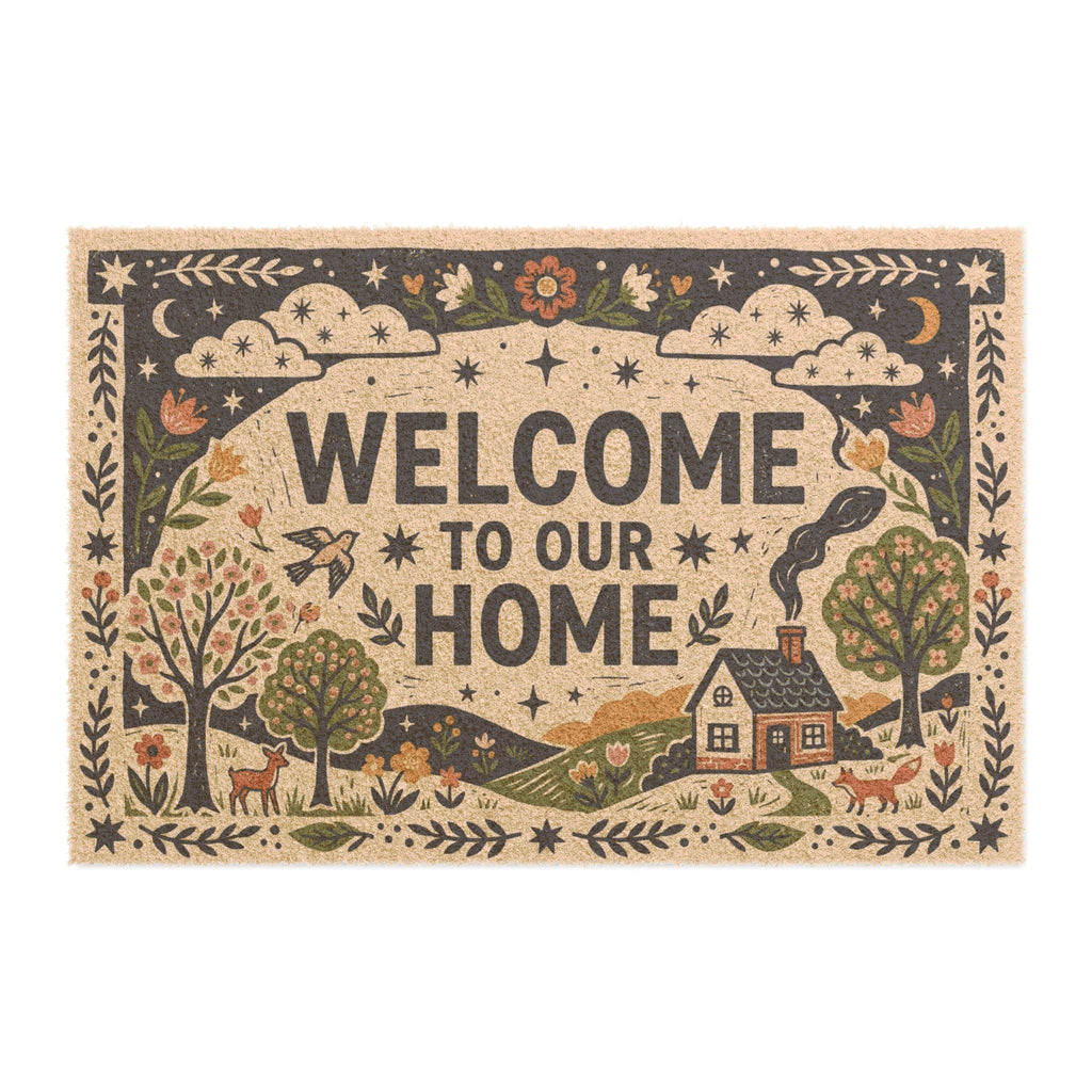 Cozy Folk Linocut Cottage Welcome Doormat