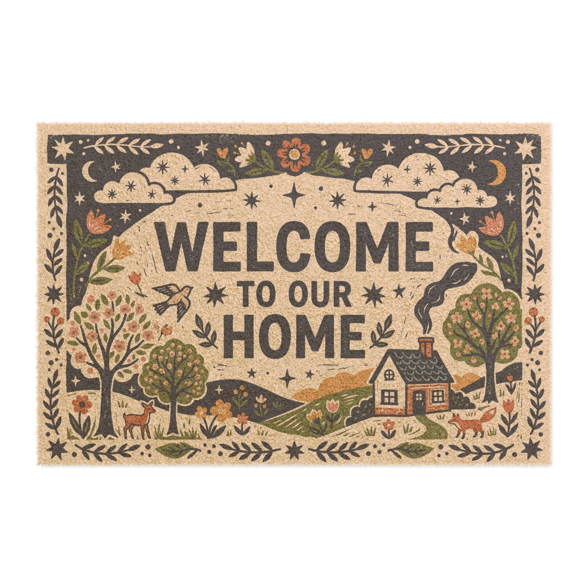 Cozy Folk Linocut Cottage Welcome Doormat