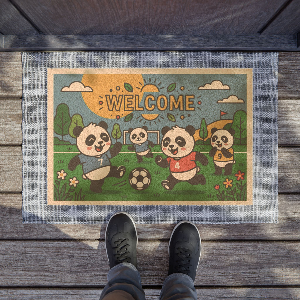 Playful Pop Art Soccer Pandas Welcome Doormat