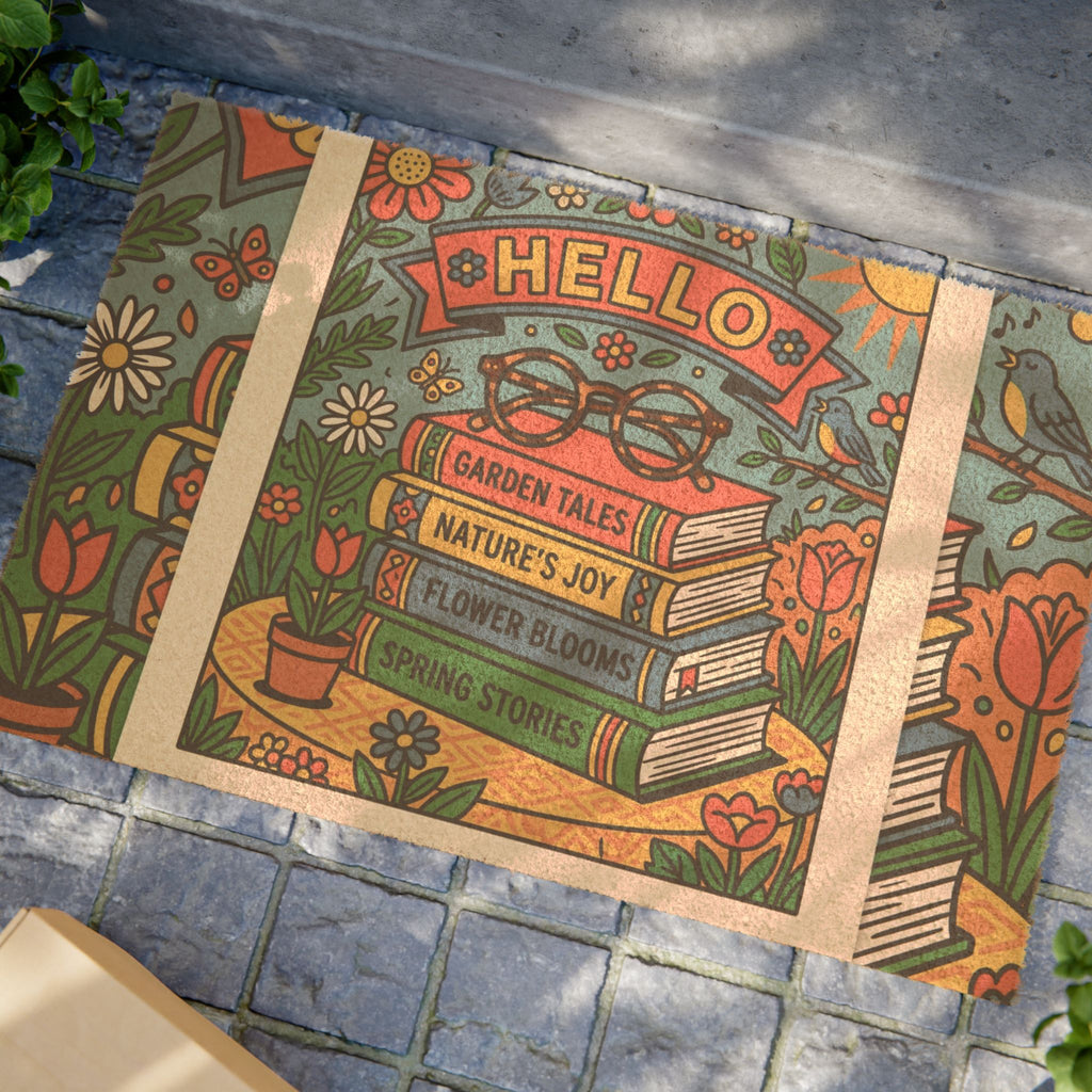 Retro Hello Spring Bookworm Welcome Doormat
