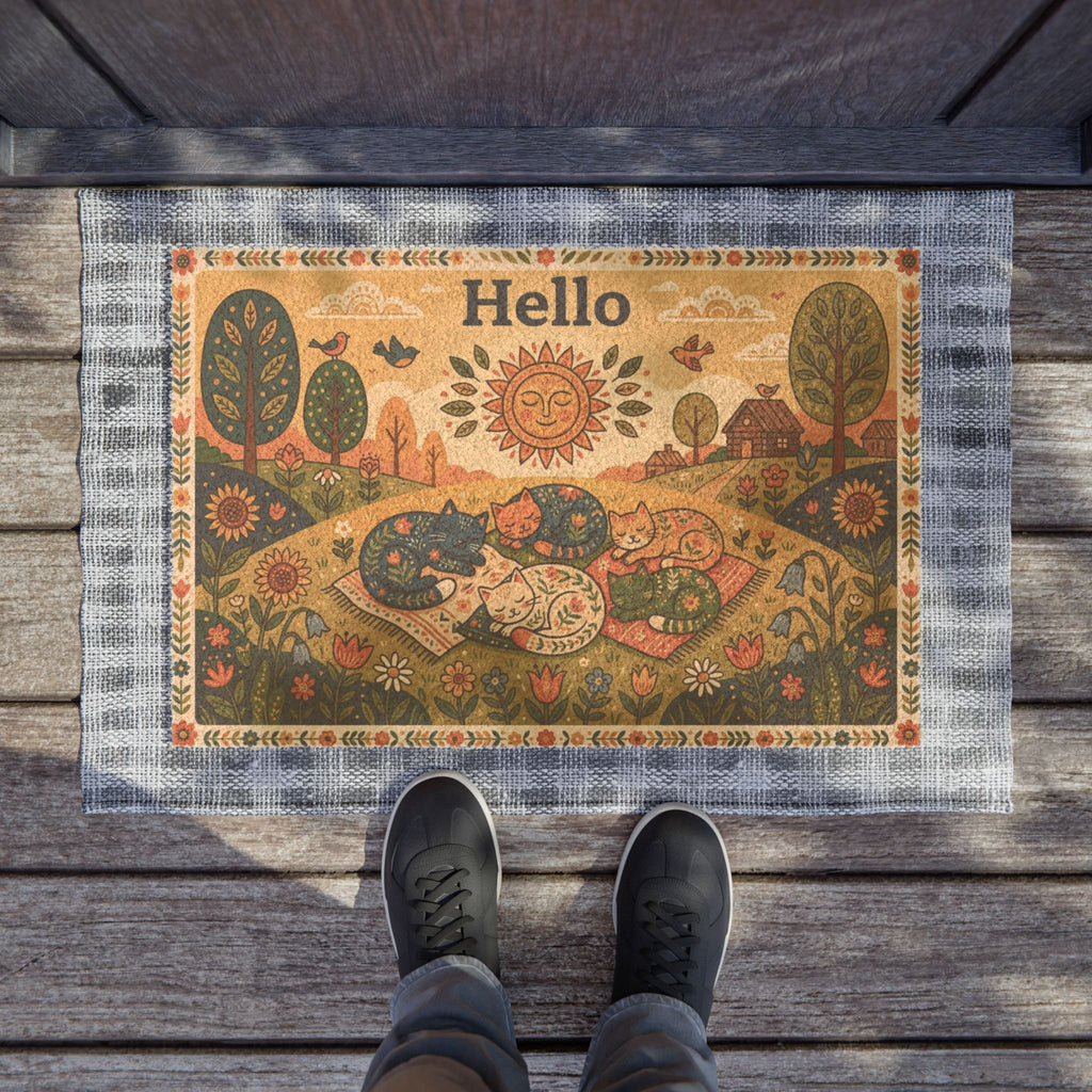 Retro Folk Art Cozy Sleeping Cats Hello Doormat