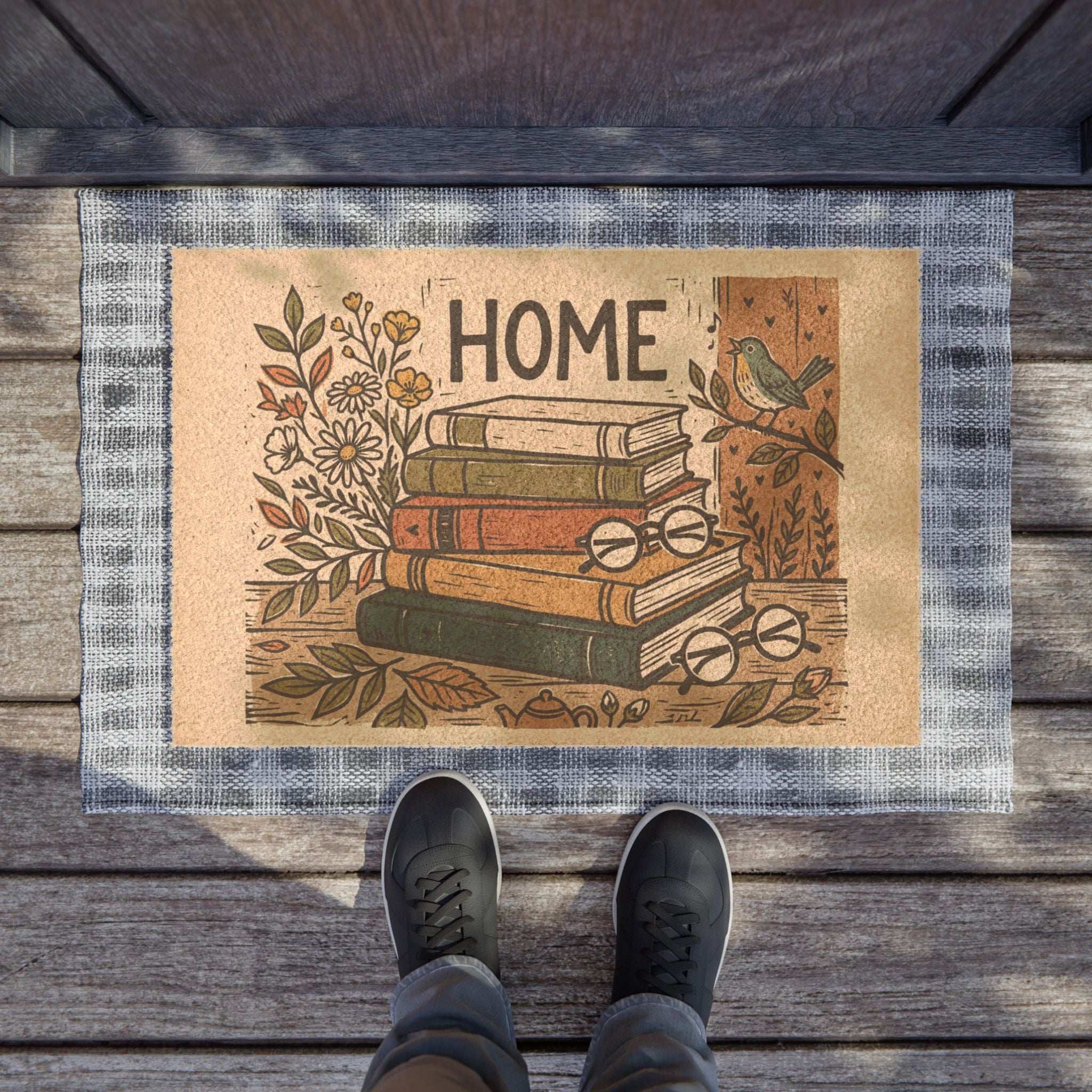Cozy Bookworm Spring Linocut Home Art