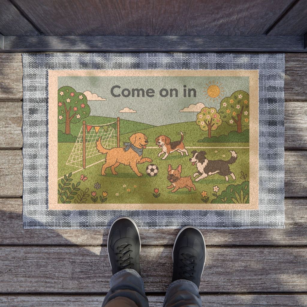 Playful Pups Football Welcome Doormat