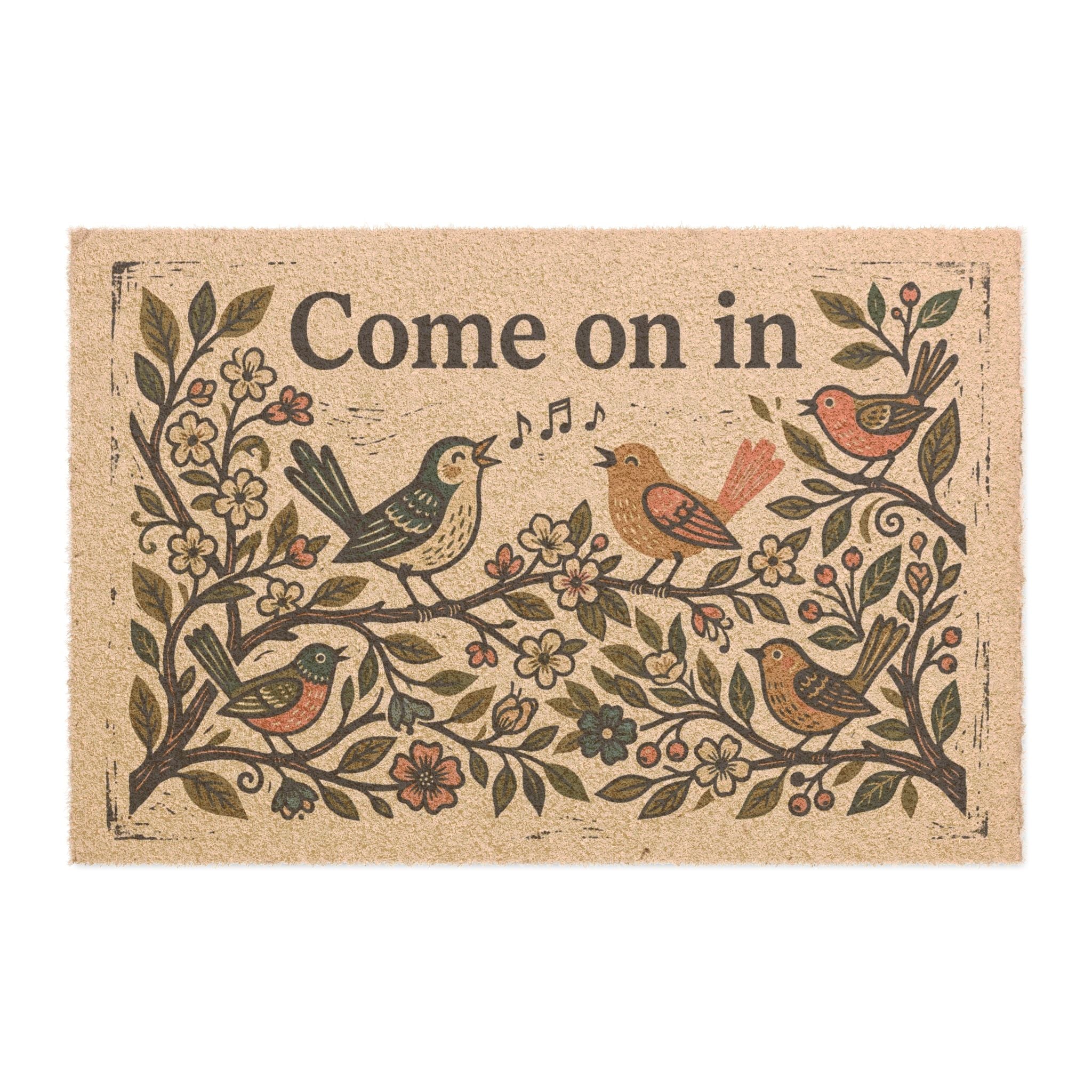 Blockprint Spring Songbirds Welcome Doormat