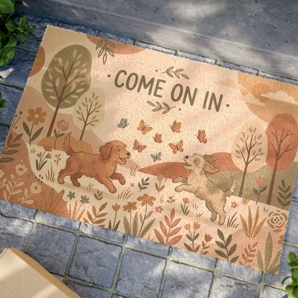 Boho Botanical Playful Puppies Welcome Mat
