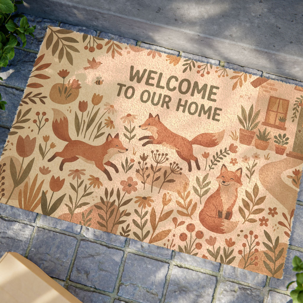 Boho Botanical Playful Foxes Welcome Mat