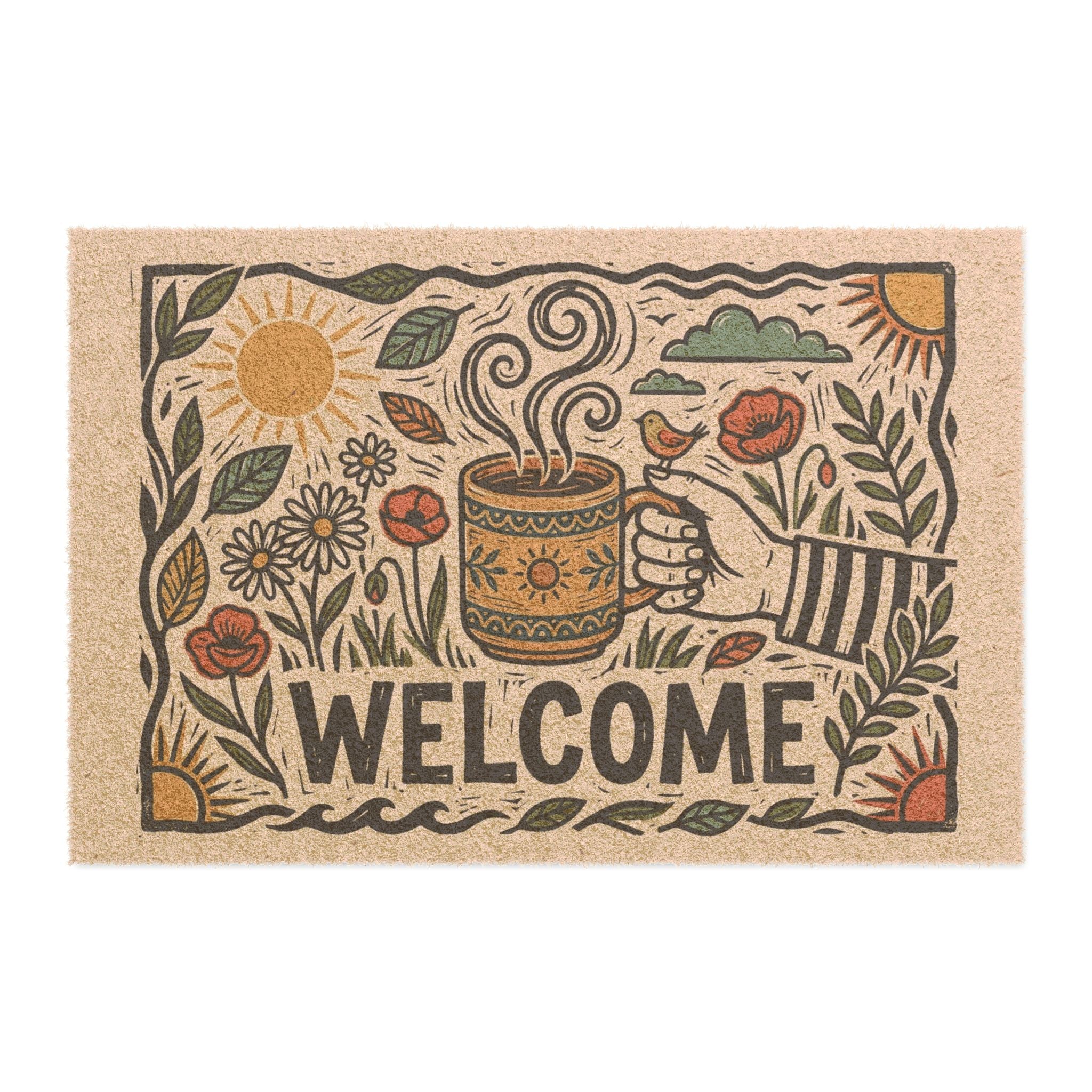 Sun-Kissed Brew Linocut Welcome Doormat