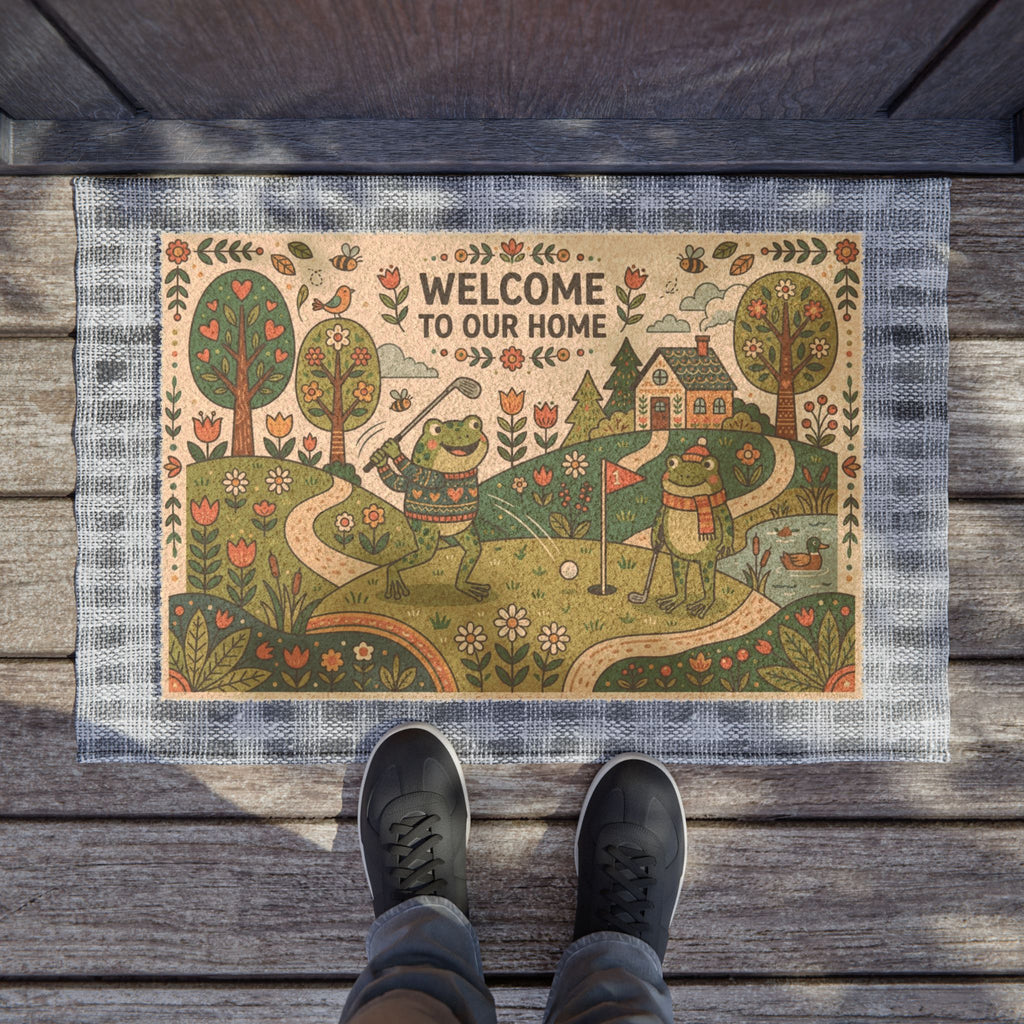 Nordic Folk Art Golfing Frogs Welcome Mat