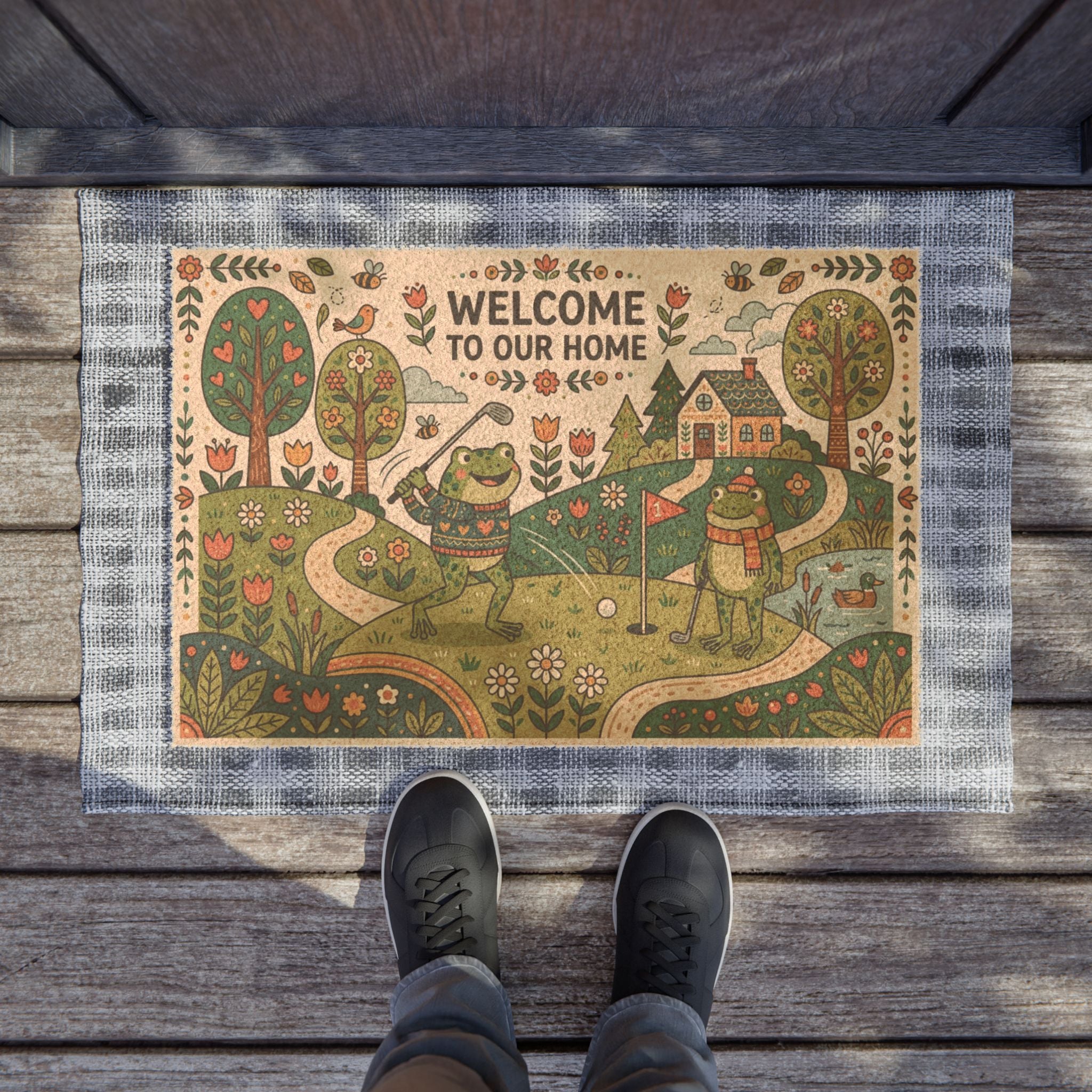 Nordic Folk Art Golfing Frogs Welcome Mat