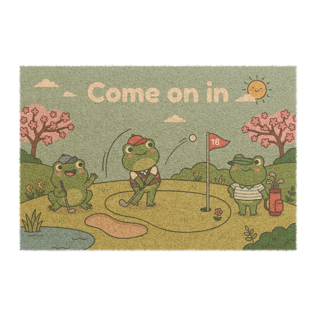 Springtime Golfing Frogs Welcome Mat