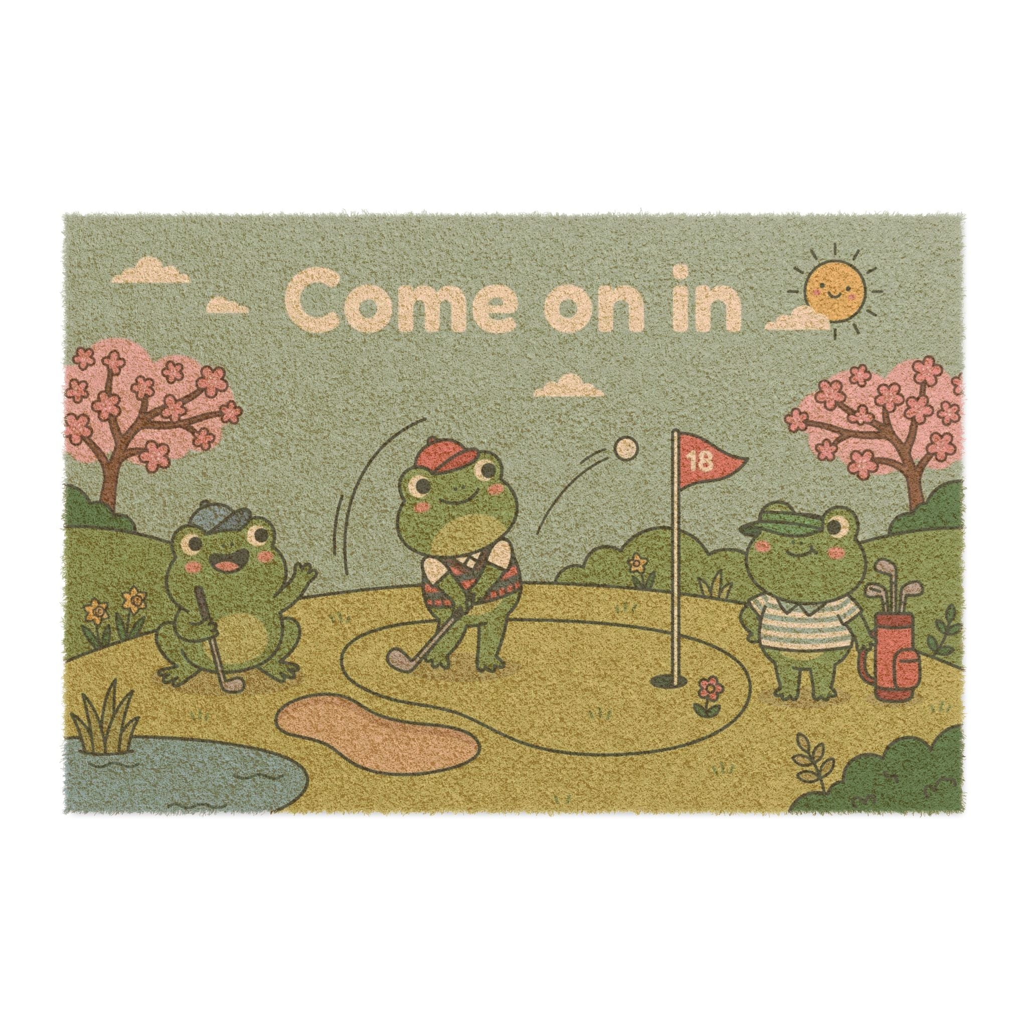 Springtime Golfing Frogs Welcome Mat
