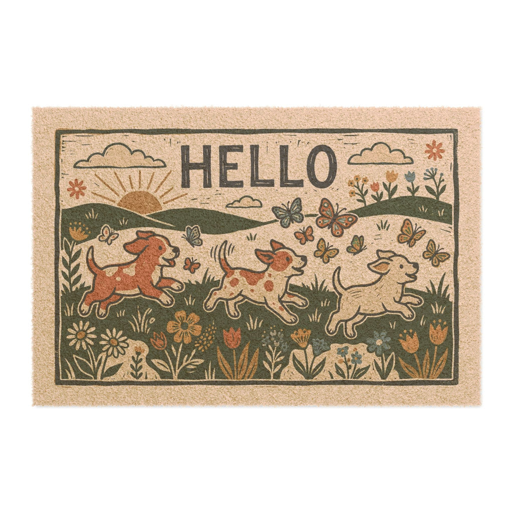 Retro Linocut Hello Spring Puppies Doormat