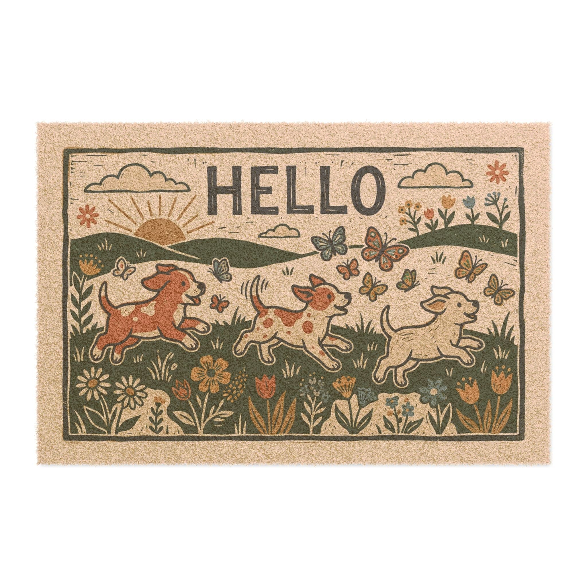 Retro Linocut Hello Spring Puppies Doormat