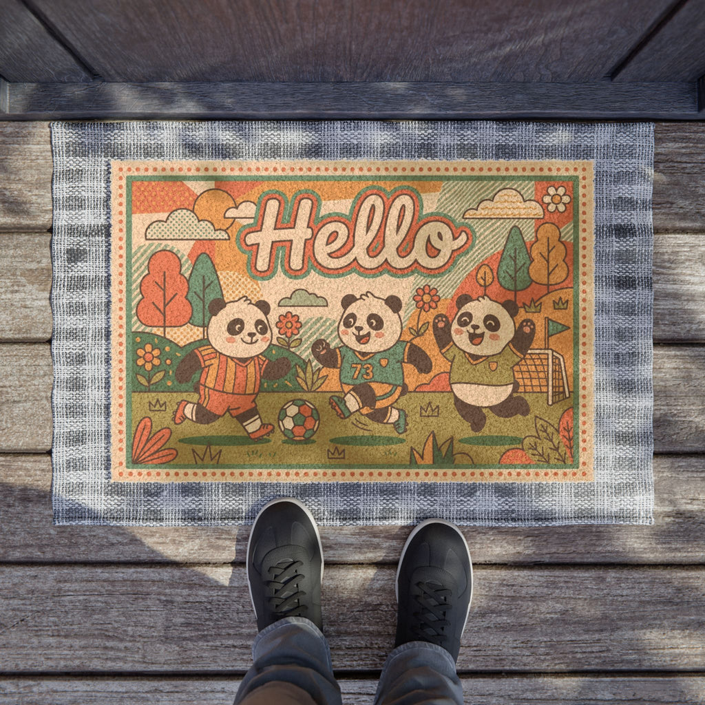 70s Retro Hello Playful Soccer Pandas Doormat