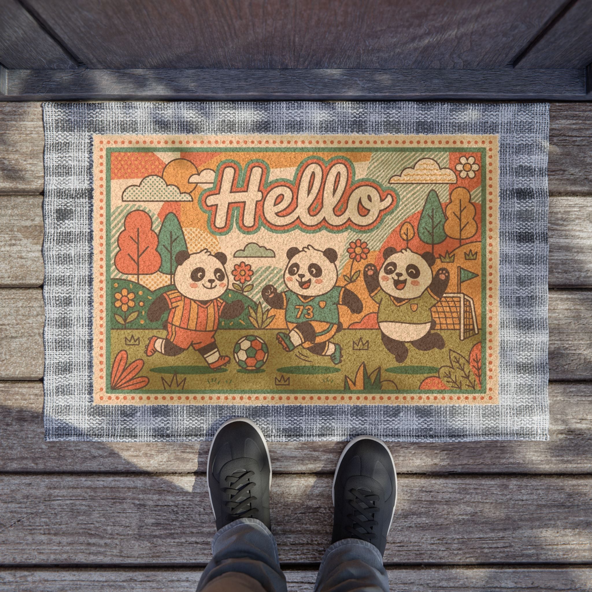 70s Retro Hello Playful Soccer Pandas Doormat