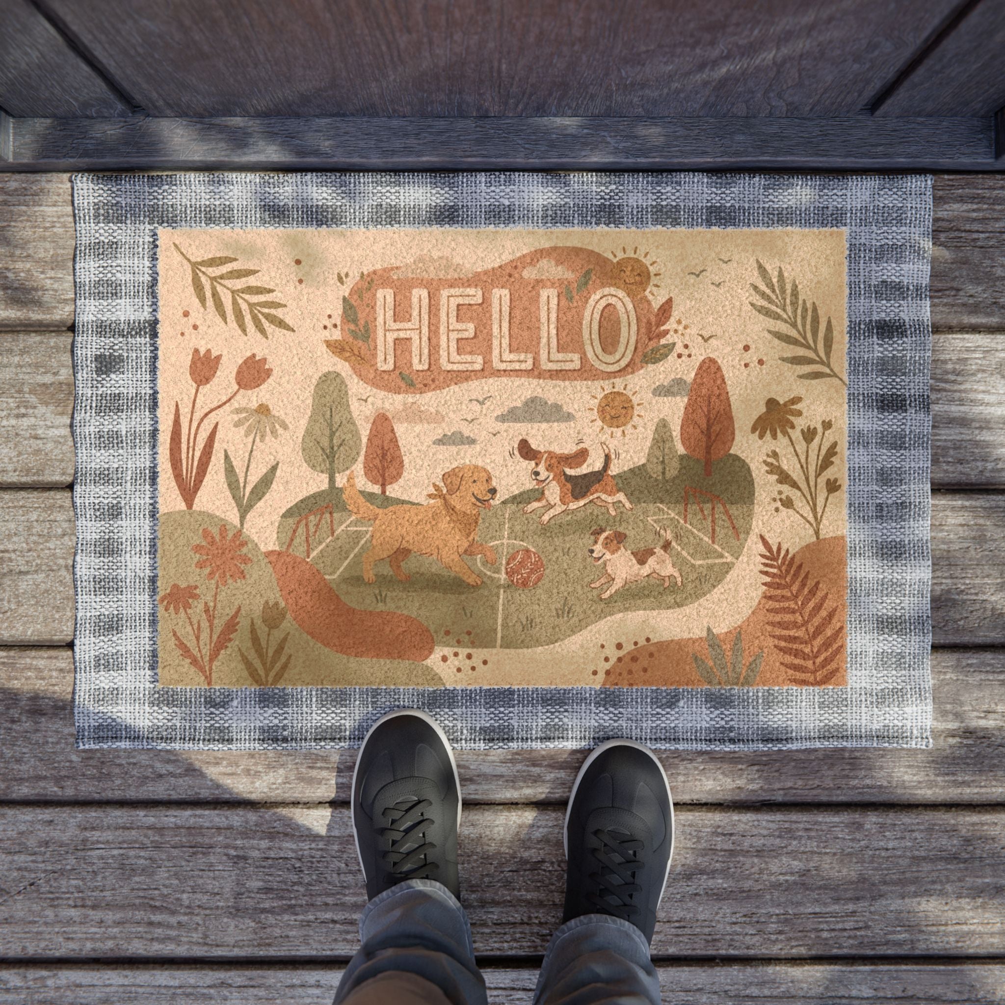 Boho Spring Soccer Pups Welcome Doormat