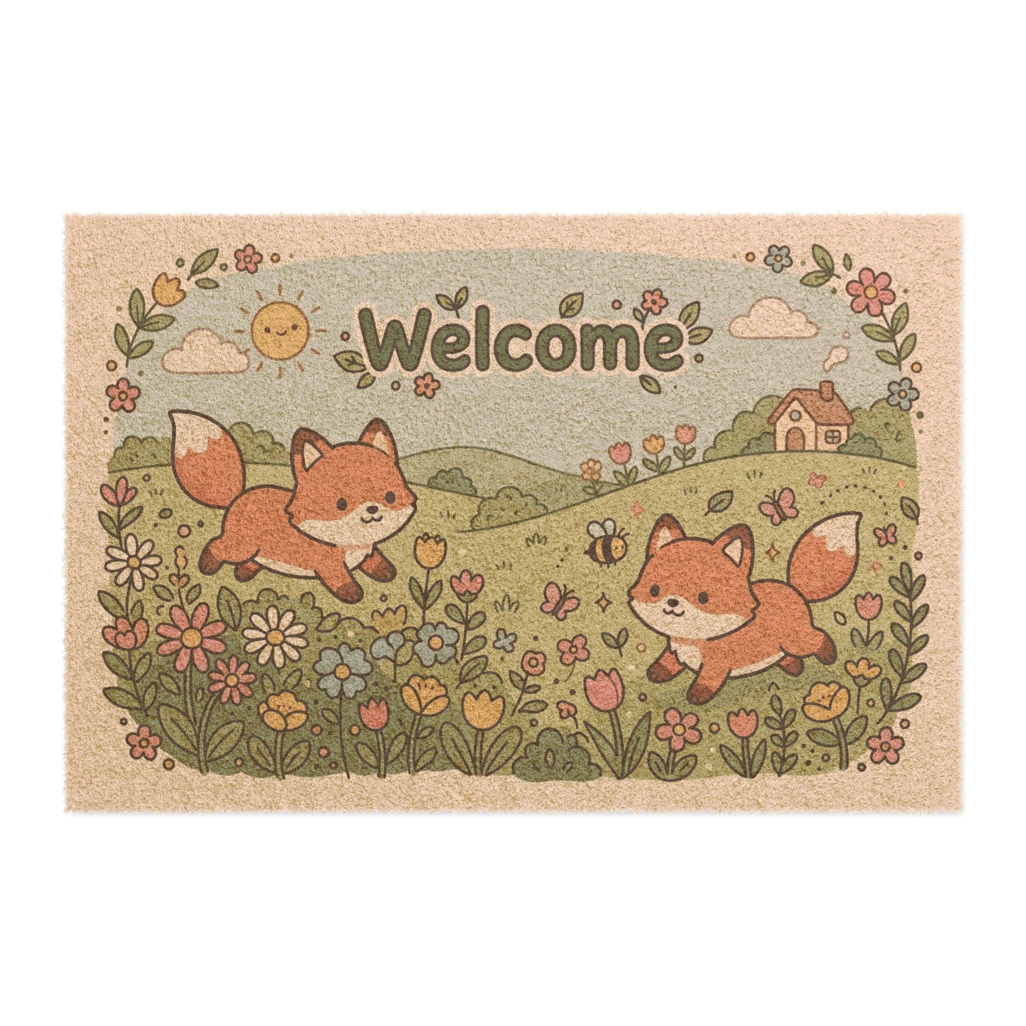 Kawaii Playful Foxes Spring Welcome Doormat