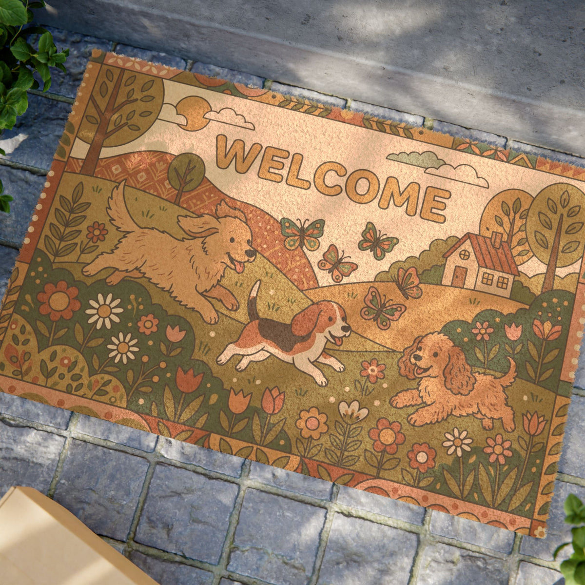 Retro Springtime Playful Pups Welcome Doormat
