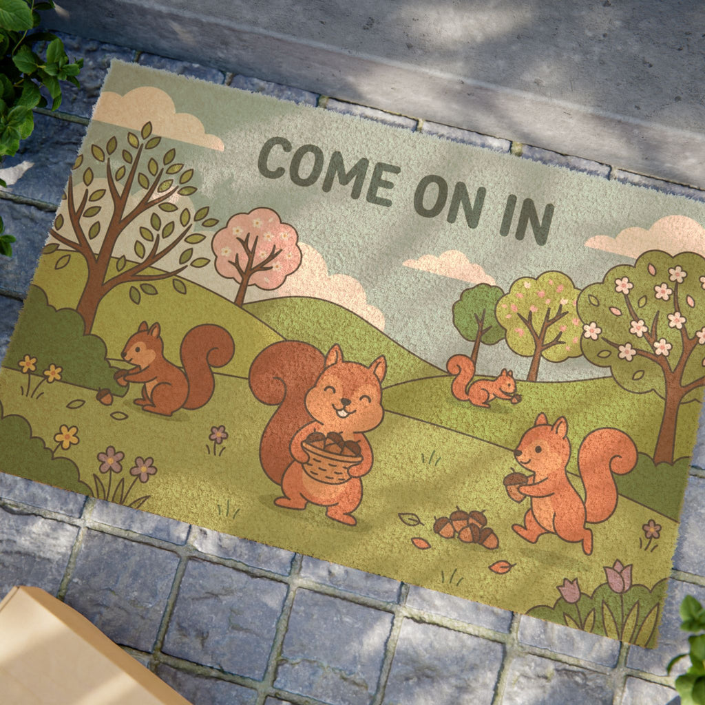 Whimsical Spring Squirrels Welcome Doormat