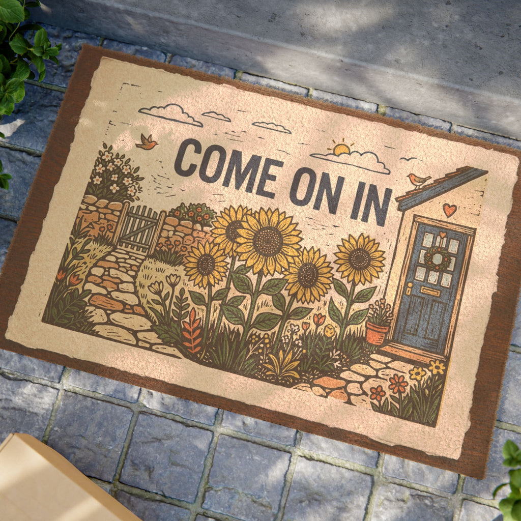 Sunny Sunflower Cottage Linocut Welcome Sign