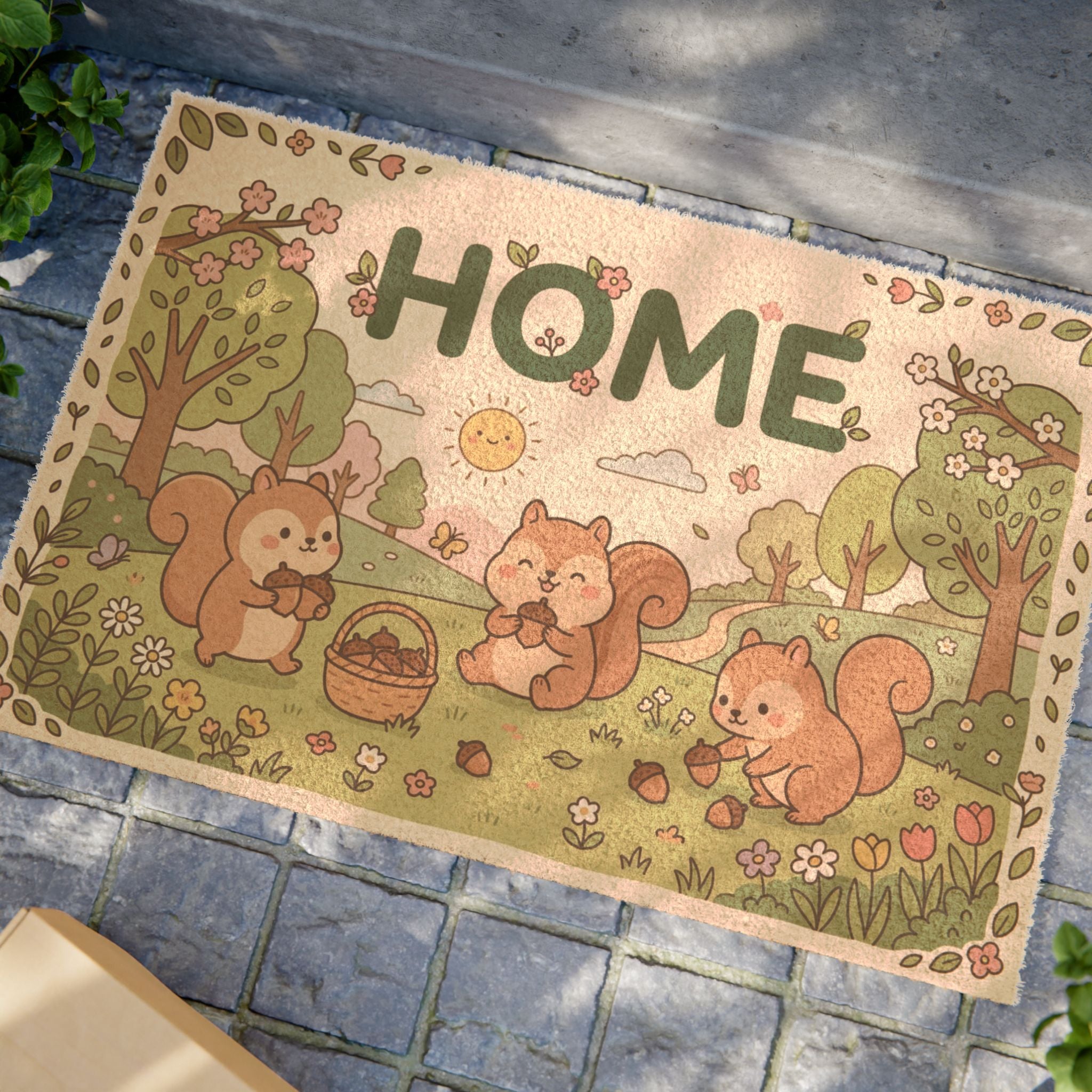 Cozy Kawaii Spring Squirrels Home Doormat
