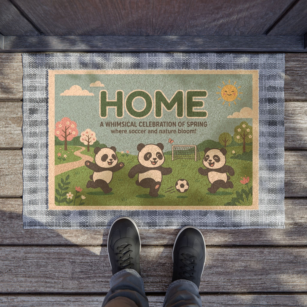 Playful Pandas Spring Soccer Welcome Mat
