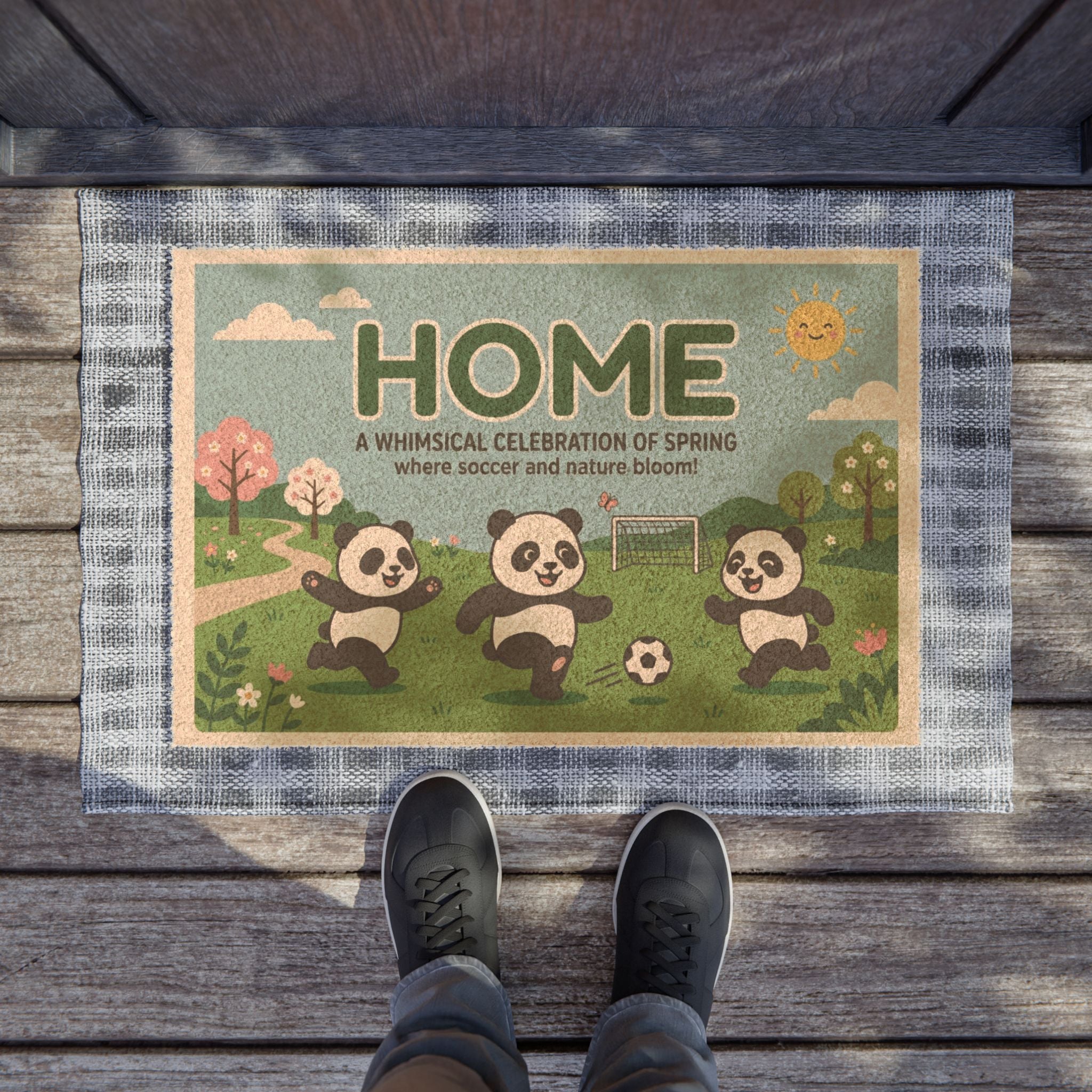 Playful Pandas Spring Soccer Welcome Mat