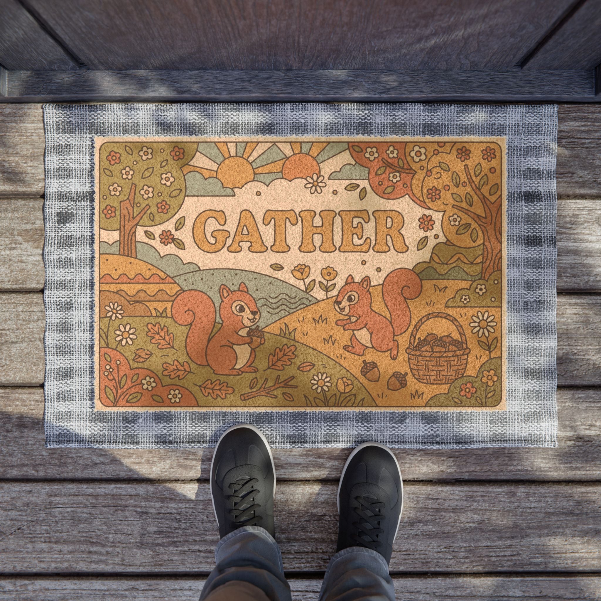 Retro 70s Cozy Squirrels Gather Doormat