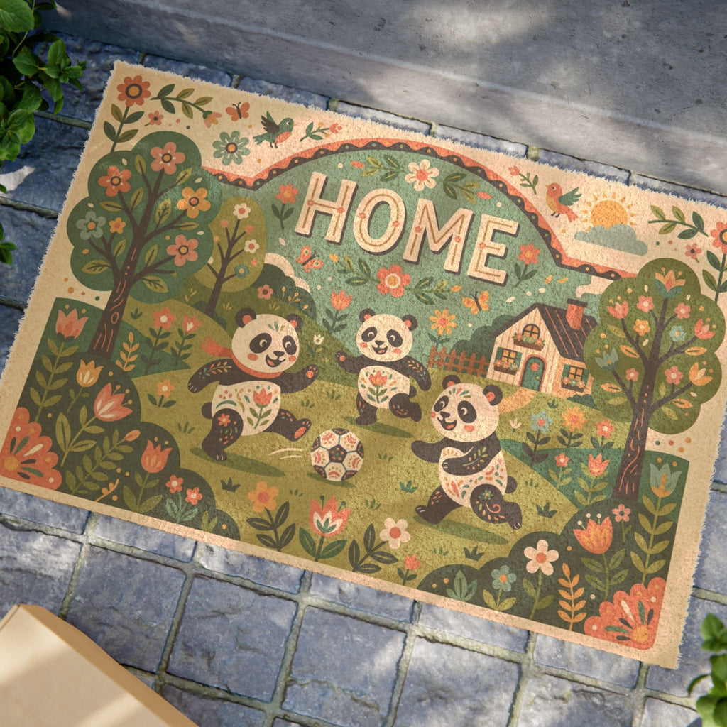 Joyful Folk Art Pandas Soccer Home Doormat