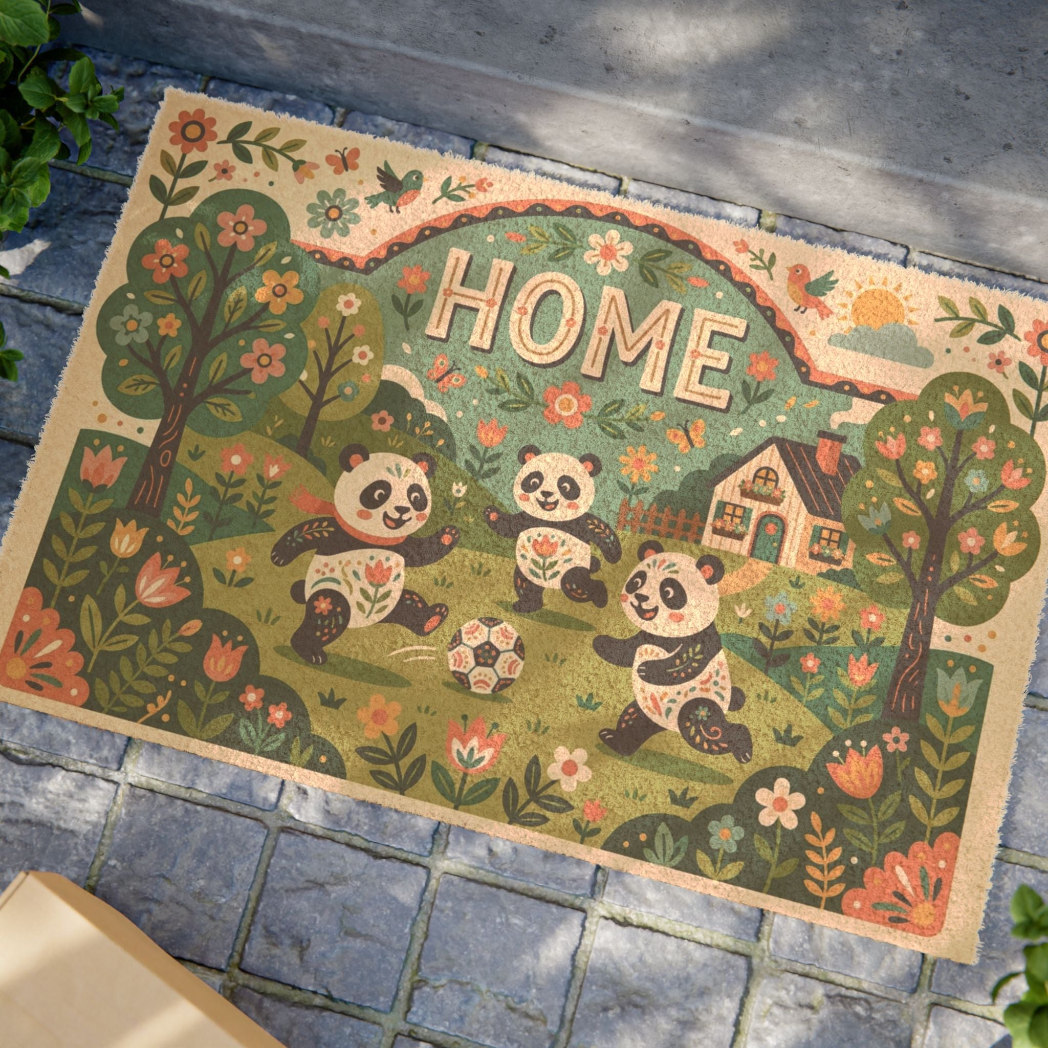 Joyful Folk Art Pandas Soccer Home Doormat