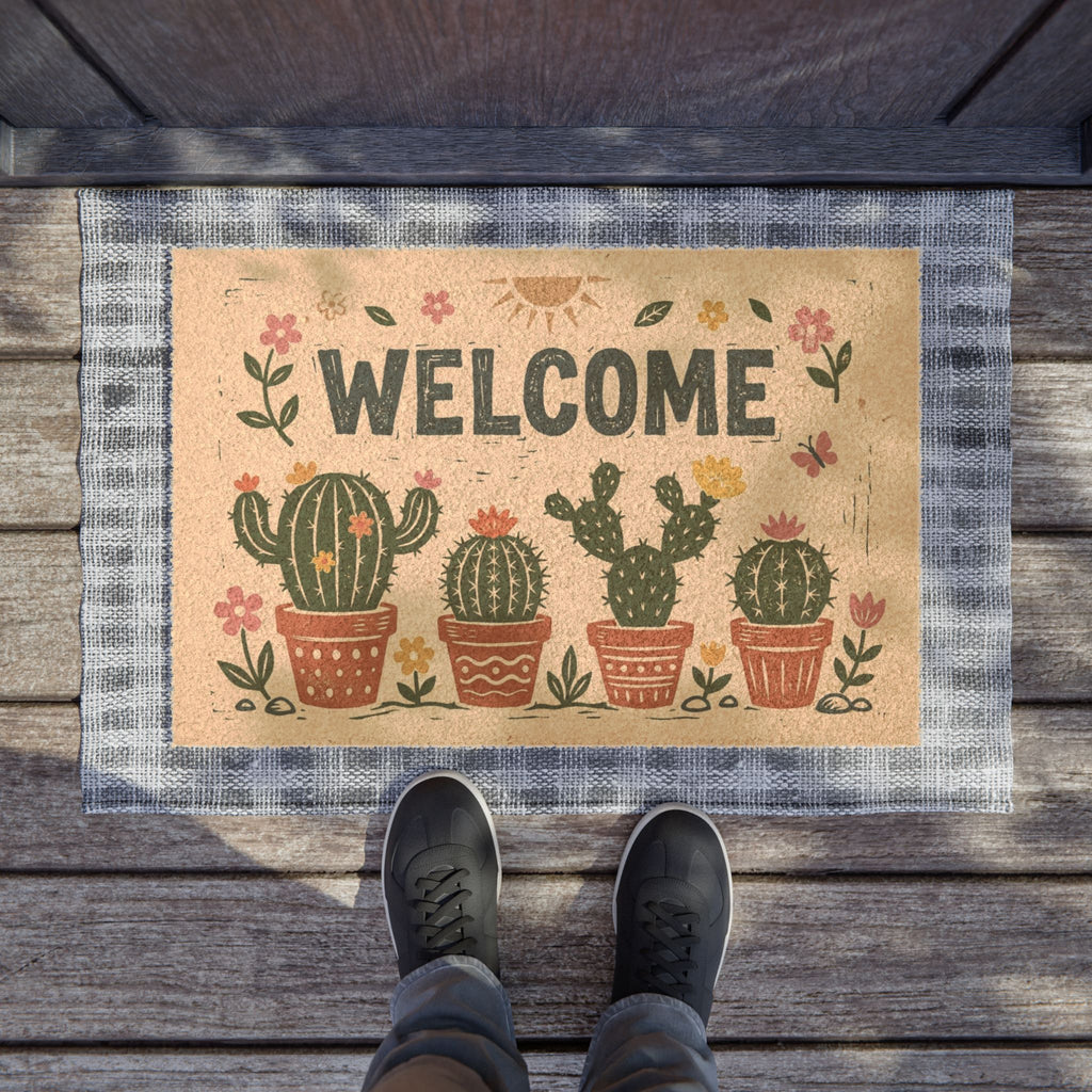 Cozy Desert Blooms Linocut Welcome Doormat