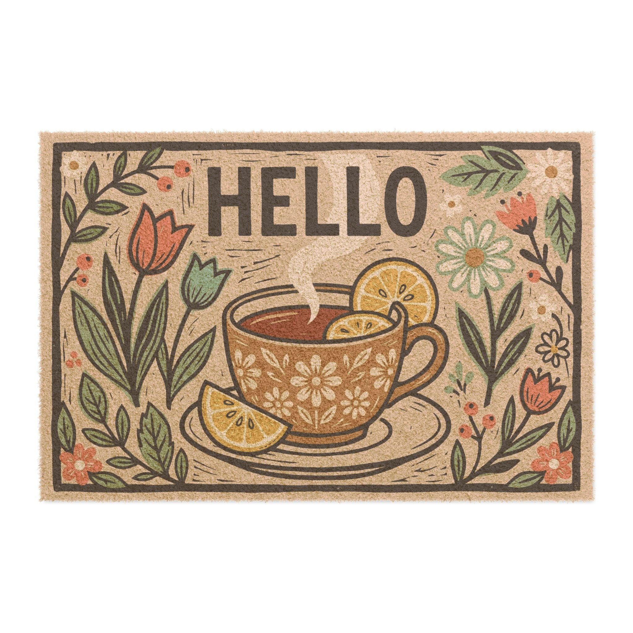 Cozy Lemon Tea Linocut Welcome Doormat