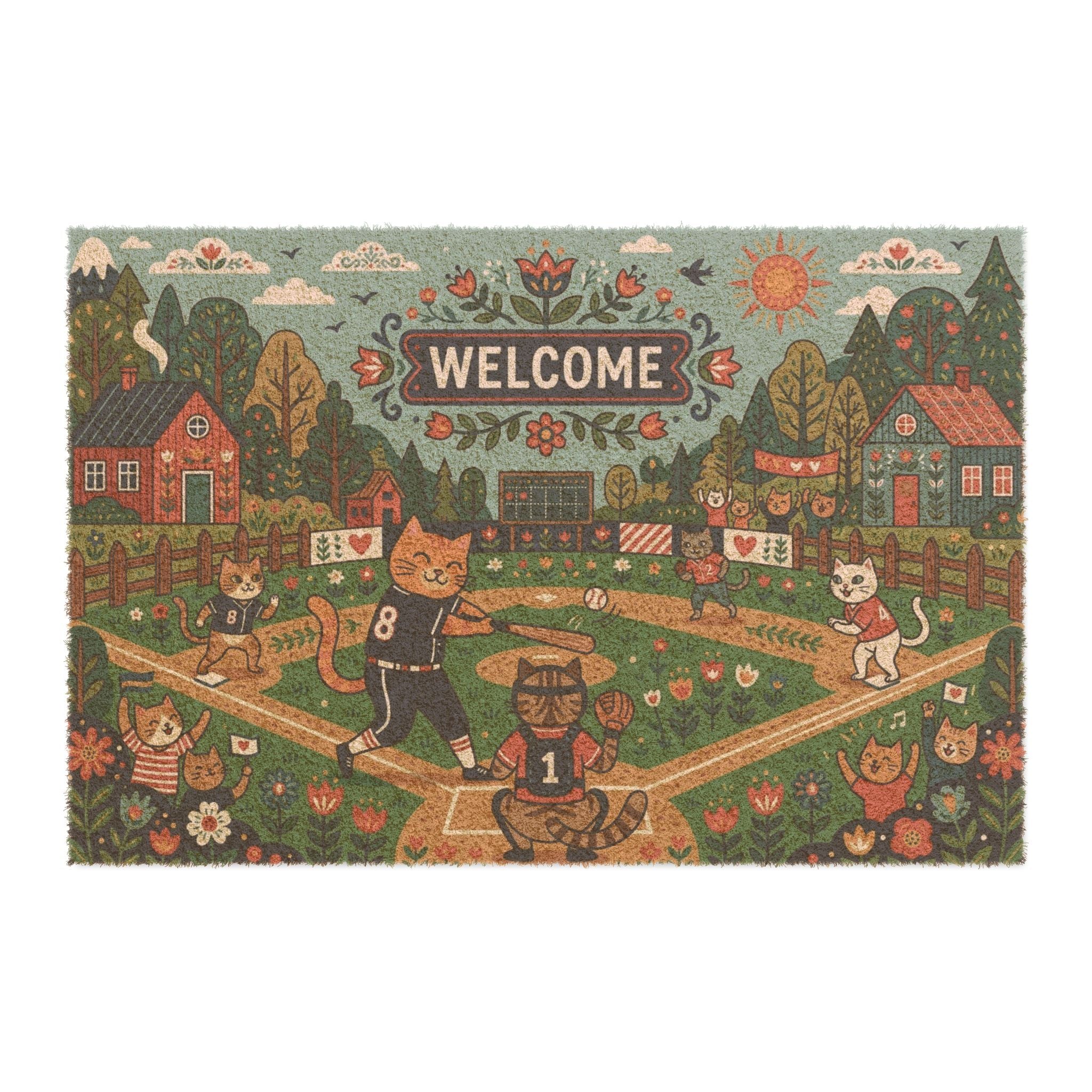 Nordic Folk Art Baseball Cats Welcome Doormat
