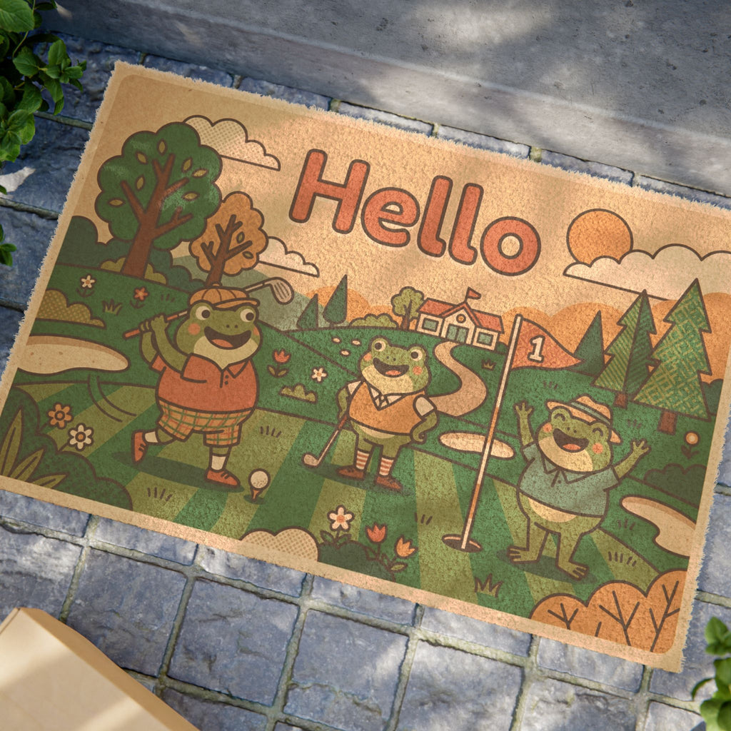 Retro 70s Golfing Frogs Welcome Mat
