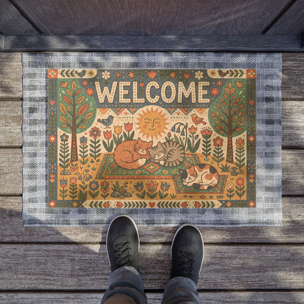 Scandi Folk Art Cozy Sleeping Cats Welcome Mat