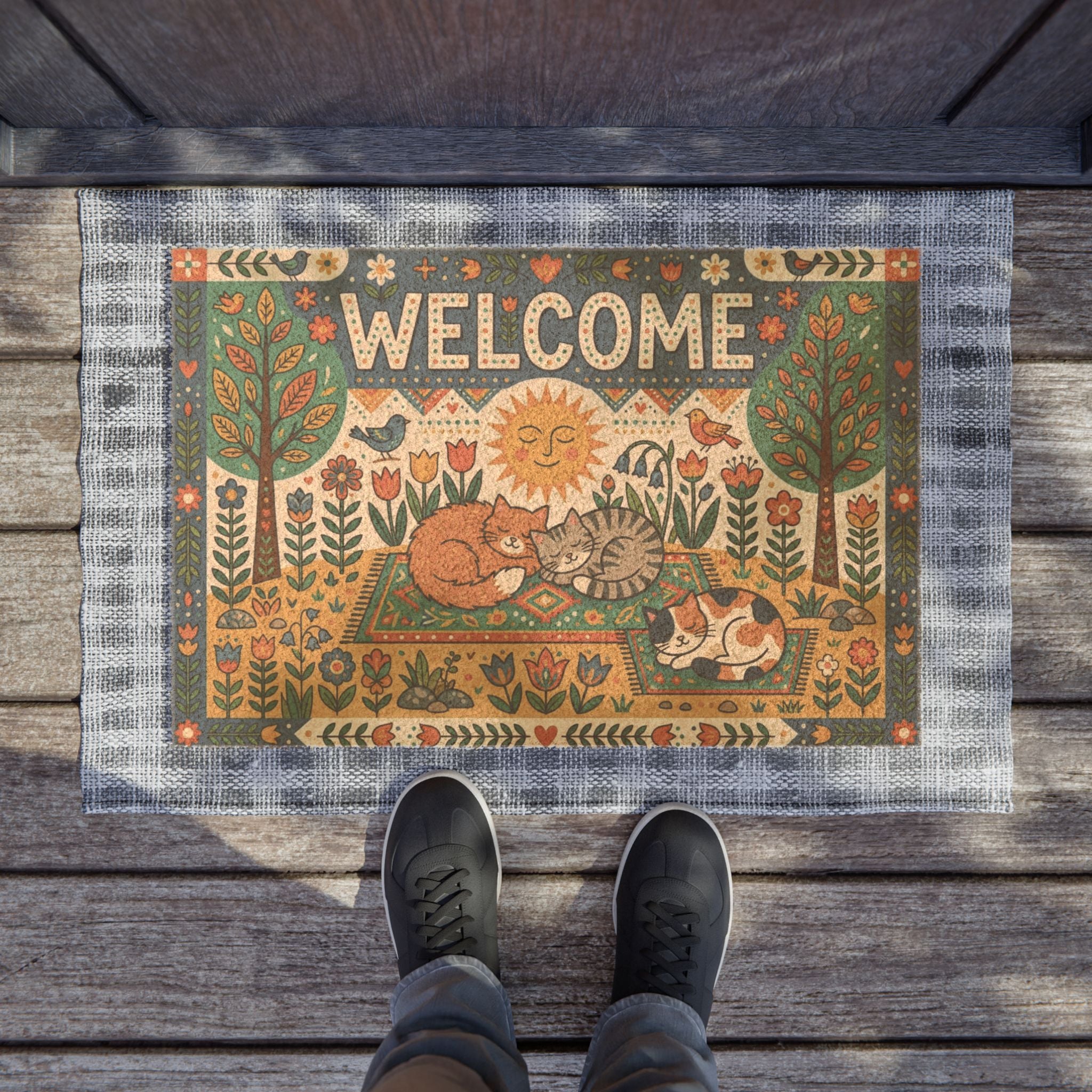 Scandi Folk Art Cozy Sleeping Cats Welcome Mat