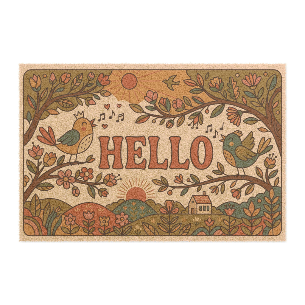 Retro 70s Hello Sunshine Singing Birds Doormat