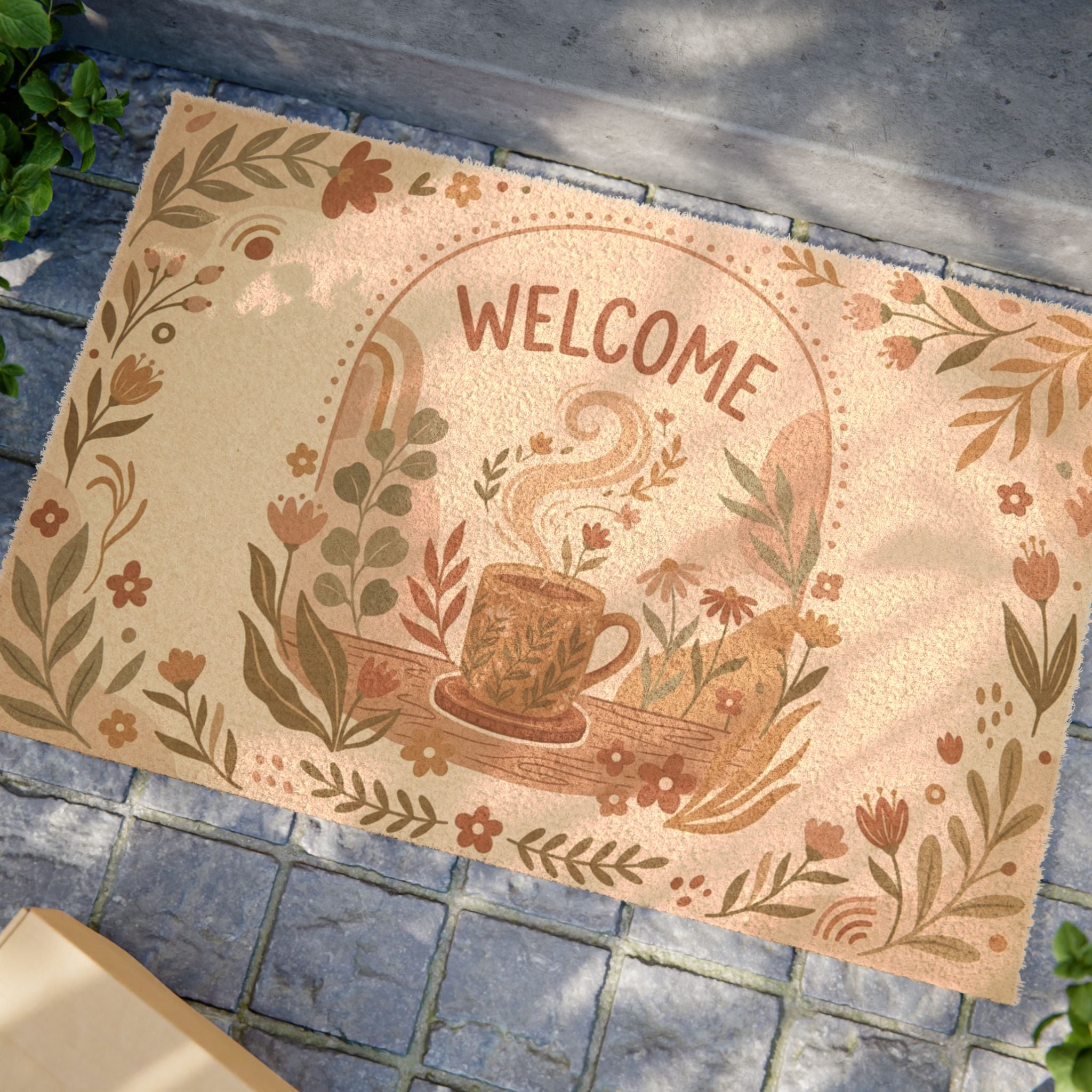 Cozy Boho Botanical Coffee Welcome Doormat