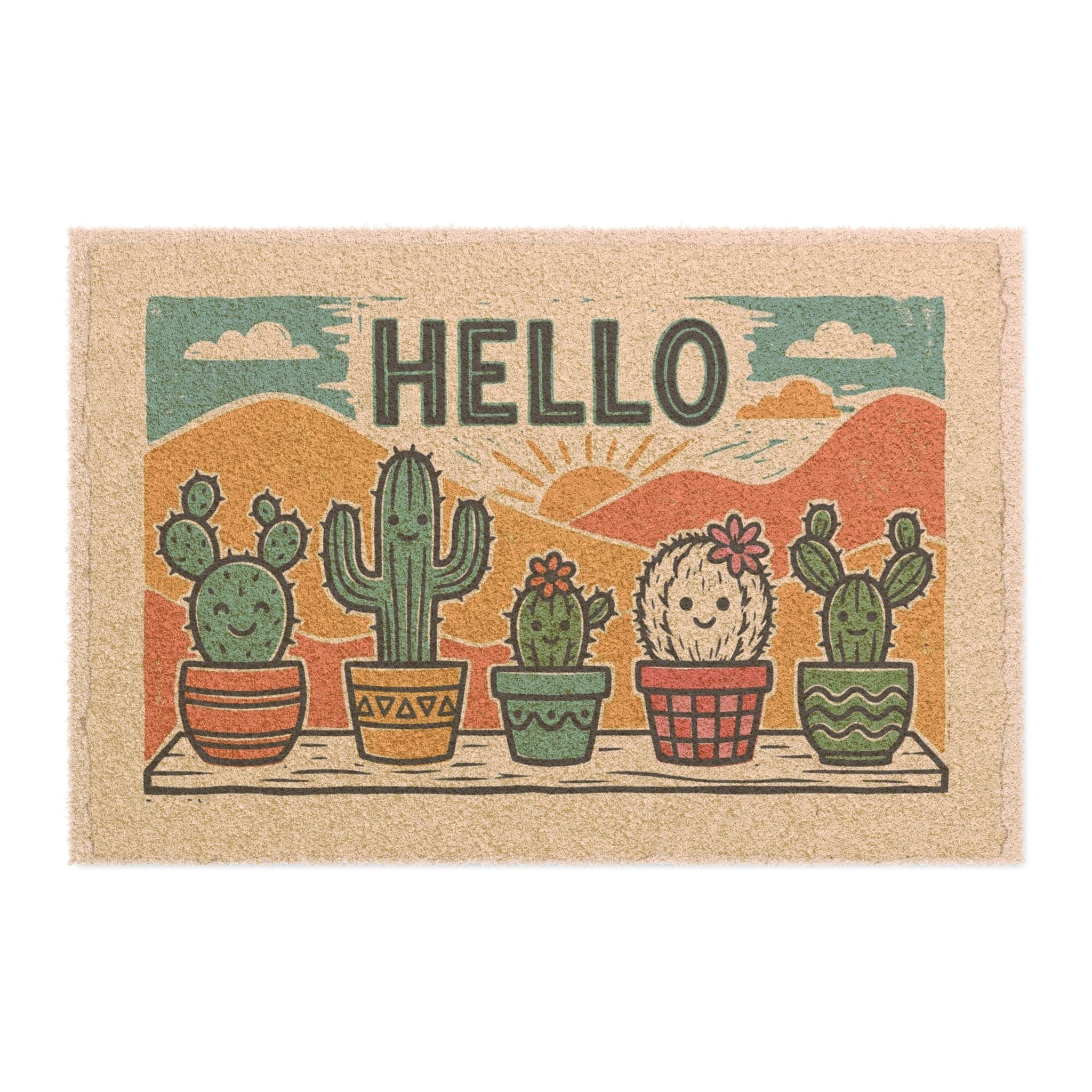 Sunny Linocut Hello Desert Cacti Welcome Doormat