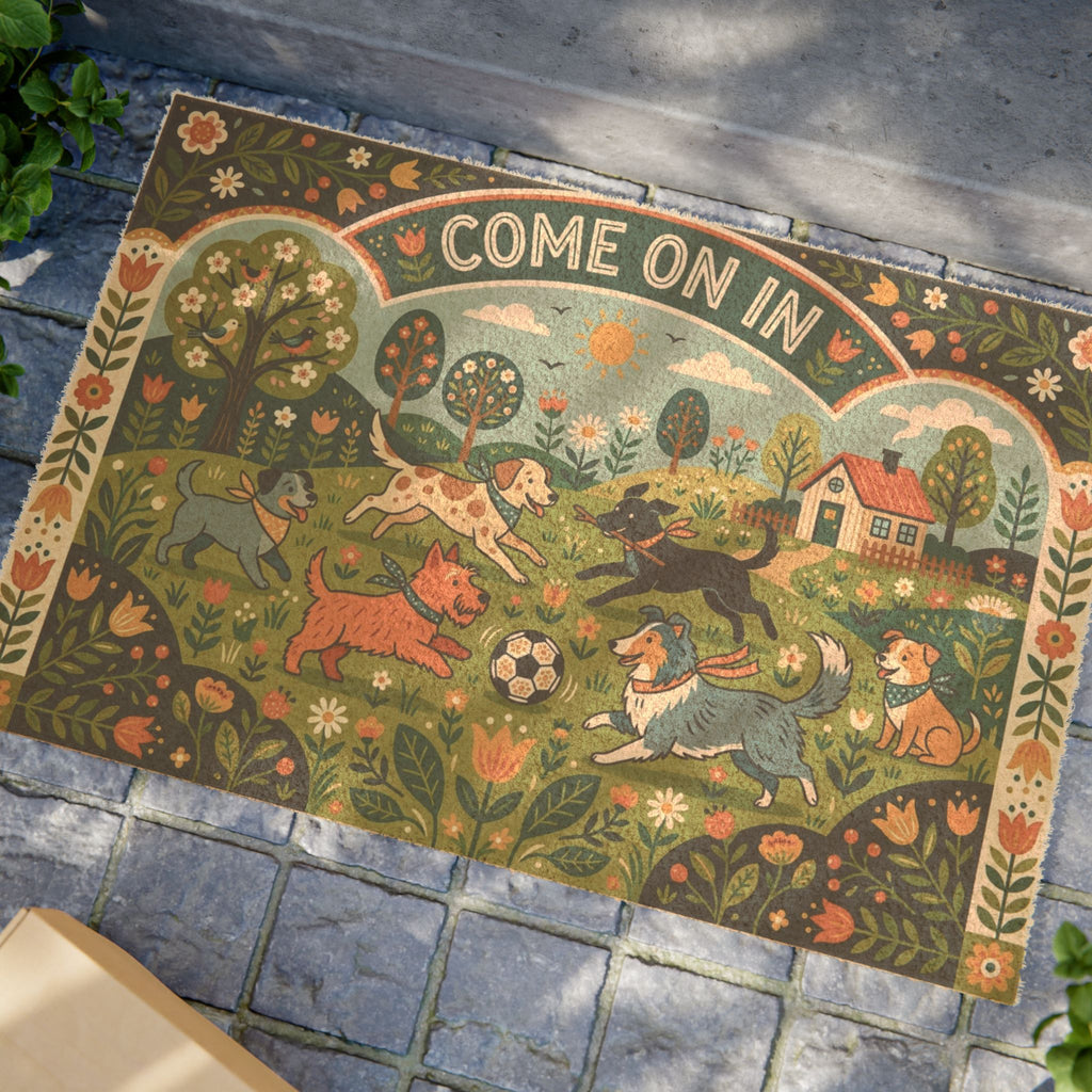 Scandi Folk Art Happy Pups Spring Welcome Doormat