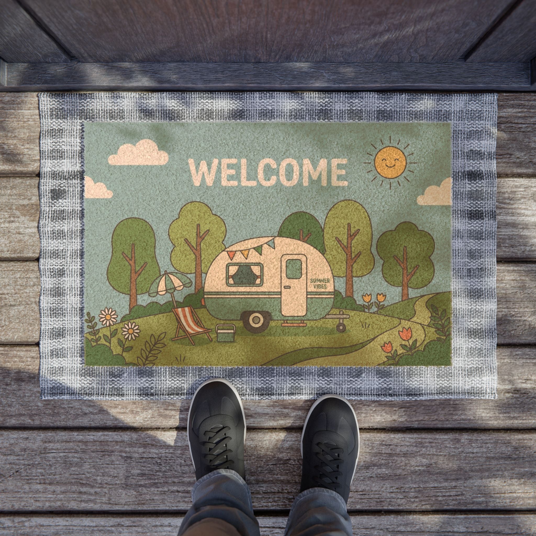 Sunny Retro Camper Summer Welcome Doormat