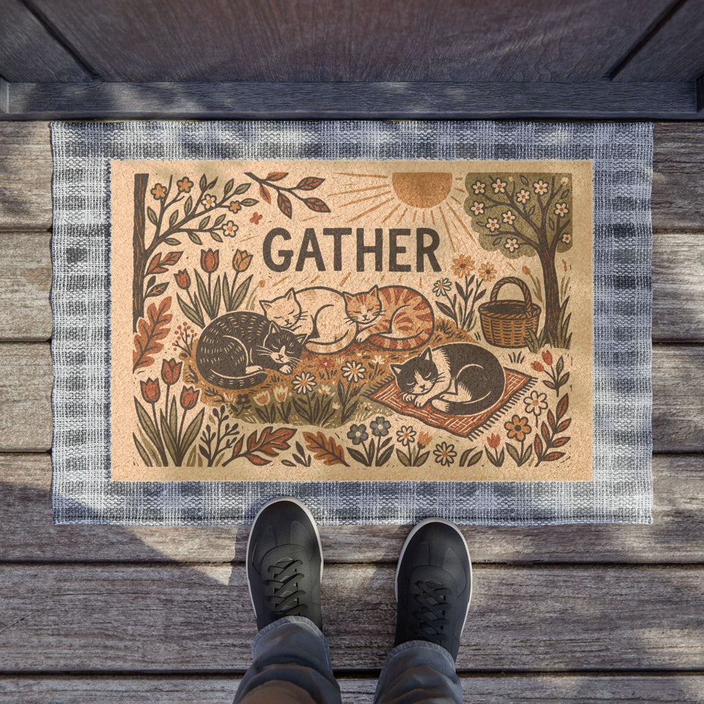 Gather Cozy Spring Cats Linocut Doormat